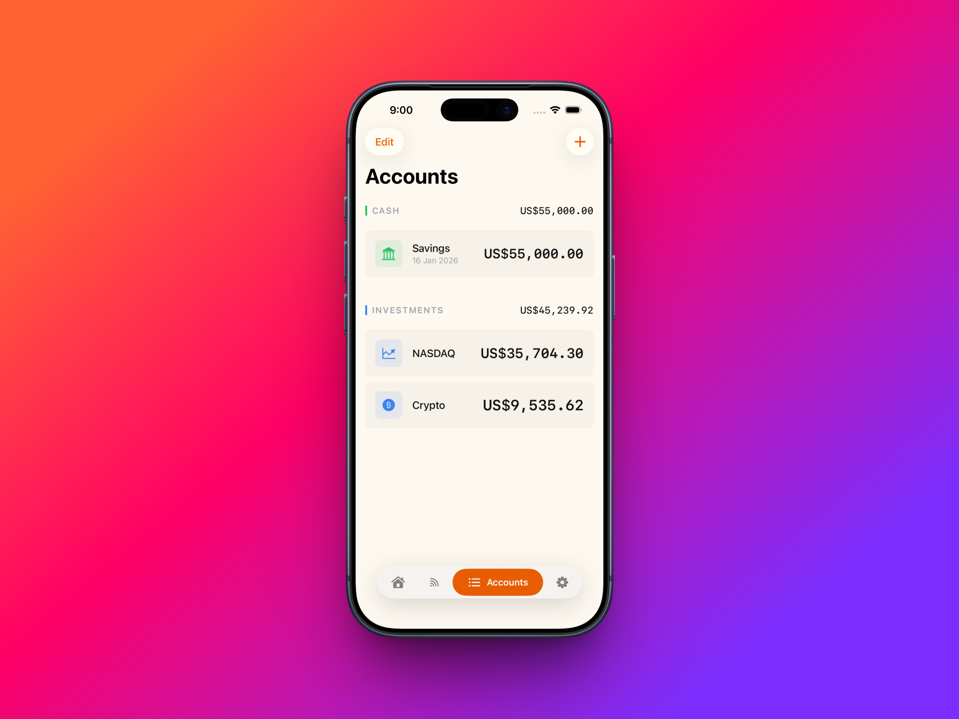 Account management screen showing multiple account types